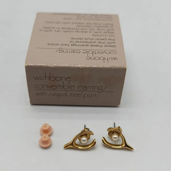 Avon 1984 Wishbone Convertible Earrings Faux Pearl Surgical Steel Posts - Picture 2 of 5